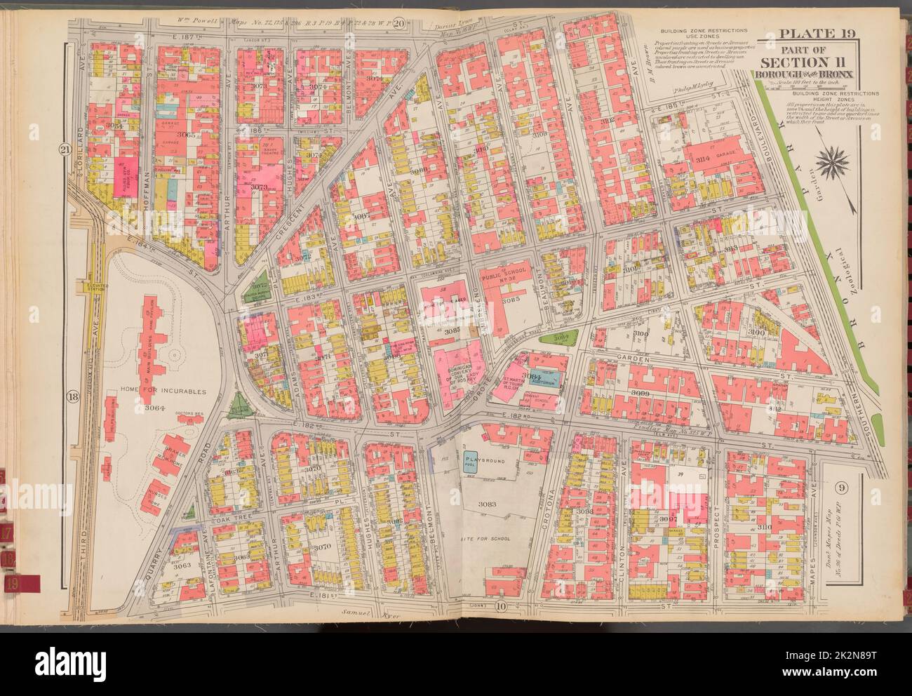 Cartografica, Mappe. 1938 - 1957. Lionel Pincus e la Principessa Firyal Map Division. Real Property , New York (state) , New York (N.Y.), Bronx (New York, N.Y.) , Mappe Double Page Plate No. 19, parte della Sezione 11, Borough of the Bronx: Bounded by E. 187th Street, Prospect Avenue, E. 185th Street, Southern Boulevard, E. 182nd Street, Mapes Avenue, E. 181st Street, Third Avenue e Lorillard Avenue Foto Stock