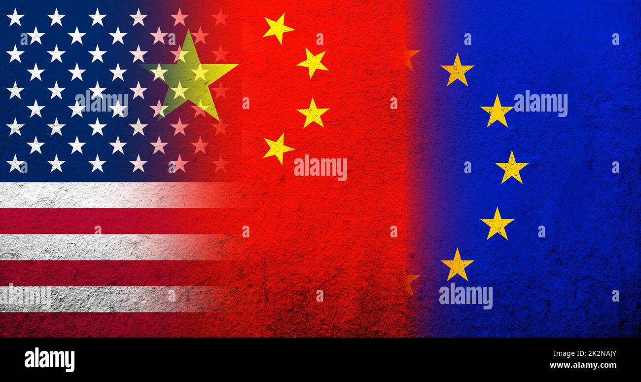 Bandiera nazionale della Repubblica di Cina, bandiera nazionale degli Stati Uniti d'America e bandiera dell'Unione europea. Grunge sfondo Foto Stock