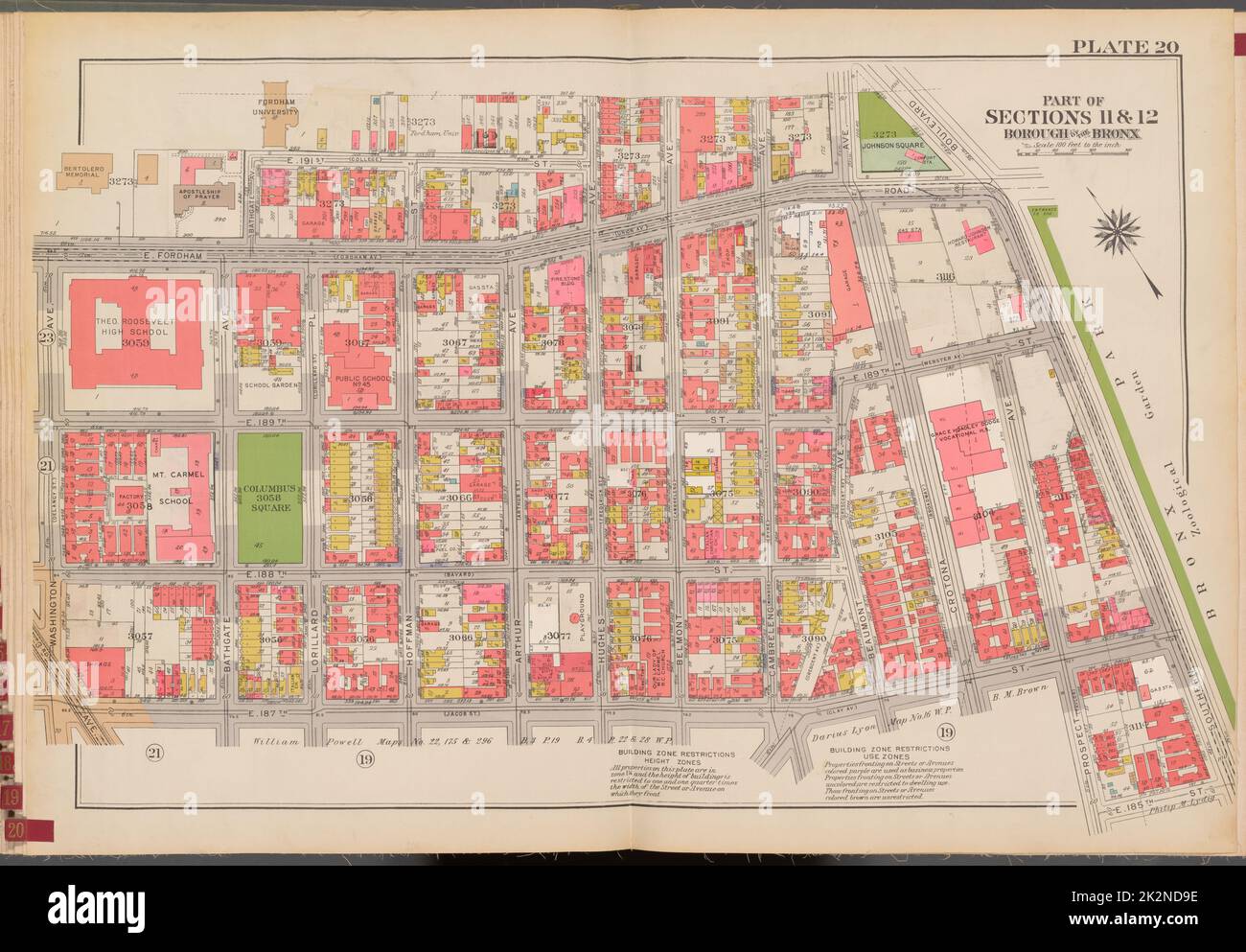 Cartografica, Mappe. 1938 - 1957. Lionel Pincus e la Principessa Firyal Map Division. Real Property , New York (state) , New York (N.Y.), Bronx (New York, N.Y.) , Mappe Double Page Plate No. 20, parte delle sezioni 11 & 12, Borough del Bronx: Bounded by E. Fordham Road, Bathgate Avenue, E. 191st Street, Hughes Avenue, E. Fordham Road, Southern Boulevard, E. 185th Street, Prospect Avenue, E. 187th Street e Washington Avenue Foto Stock