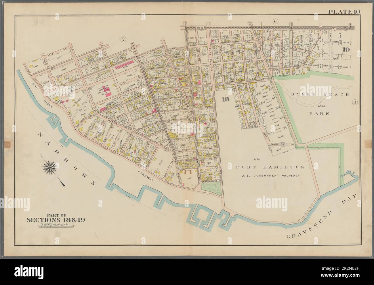 Bromley, George Washington. Cartografia, Mappe, Atlanti, rilievi terrestri. 1907. Lionel Pincus e la Principessa Firyal Map Division. Brooklyn (New York, N.Y.) , Mappe targa 10: Delimitata da 85th Street, 1st Avenue, 86th Street, 2nd Avenue, 87th Street, 3rd Avenue., 88th Street, 5th Avenue, 86th Street, New Utrecht Avenue, Atlantic Avenue, (Dyker Beach Park) 7th Avenue, Warehouse Avenue, Cropsey Avenue, Dahlgreen Place, 92nd Street, (Fort Hamilton) Fort Hamilton Avenue, Denyse Street, 5th Avenue e Bay Ridge Parkway Plate 10 Foto Stock