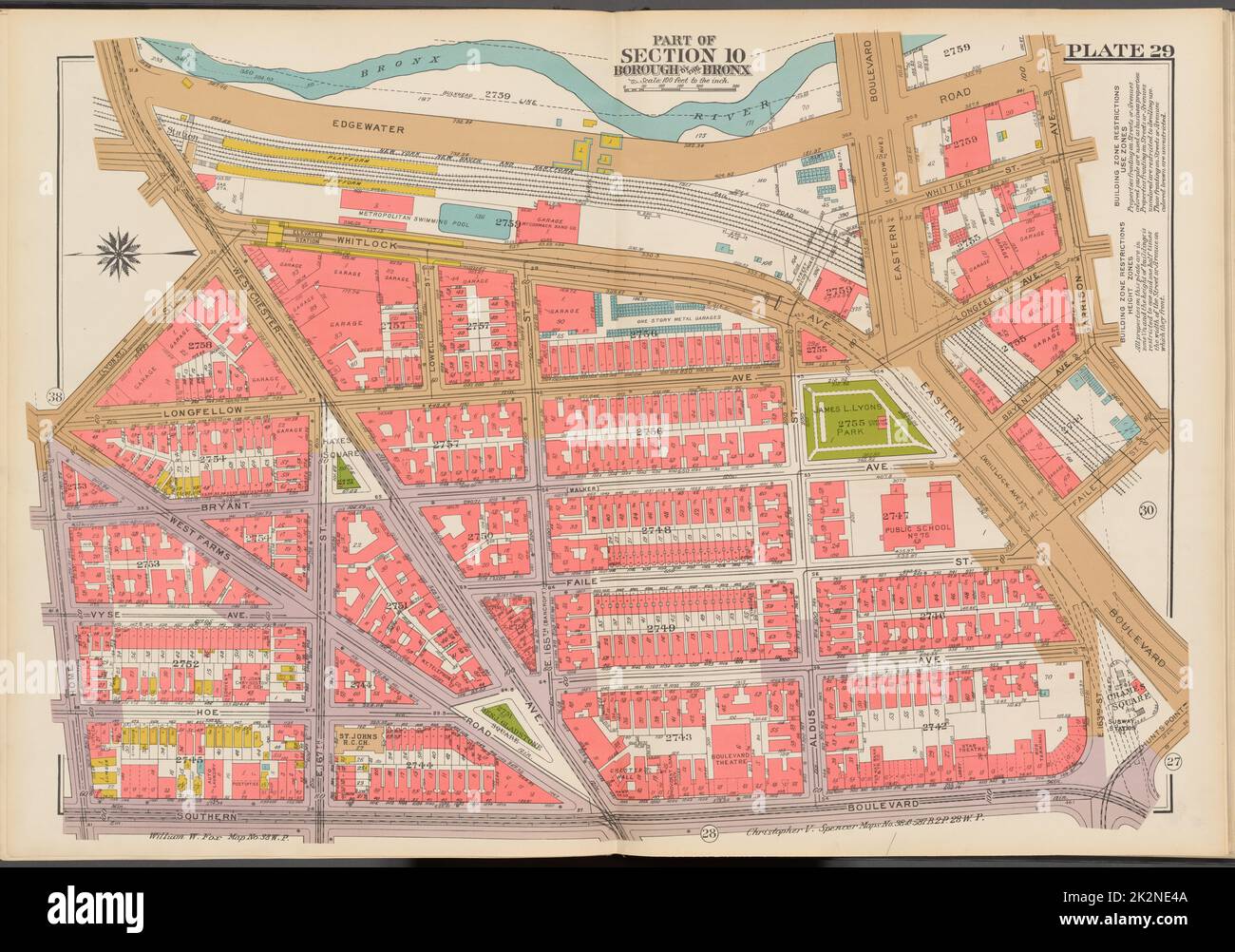 Cartografica, Mappe. 1942. Lionel Pincus e la Principessa Firyal Map Division. Real Property , New York (state) , New York (N.Y.), Bronx (New York, N.Y.) , Mappe Double Page Plate No. 29, parte della Sezione 10, Borough of the Bronx: Bounded by (Bronx River) Edgewater Road, Garrison Avenue, Faile Street, Eastern Boulevard, Hunts Point Avenue, Southern Boulevard, Home Street e Westchester Avenue Foto Stock