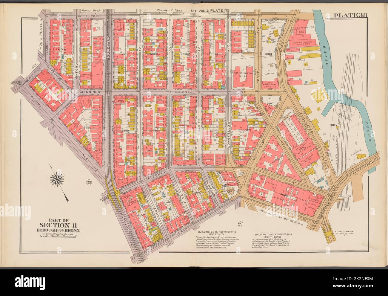 Cartografica, Mappe. 1942. Lionel Pincus e la Principessa Firyal Map Division. Real Property , New York (state) , New York (N.Y.), Bronx (New York, N.Y.) , Mappe Double Page Plate No. 38, parte della Sezione 11, Borough of the Bronx: Bounded by E. 172nd Street, (Bronx River) Edgewater Road, Westchester Avenue, Home Street, Southern Boulevard, Wilkins Avenue, E. 170th Street e Seabury Place Foto Stock