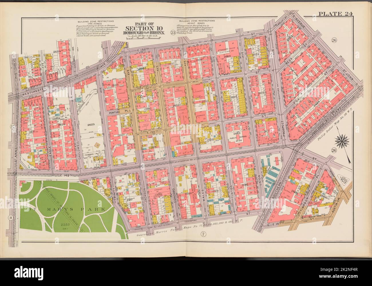 Cartografica, Mappe. 1942. Lionel Pincus e la Principessa Firyal Map Division. Real Property , New York (state) , New York (N.Y.), Bronx (New York, N.Y.) , Carte a doppia pagina No. 24, parte della Sezione 10, Borough of the Bronx: Bounded by Westchester Avenue, E. 152nd Street, Kelly Street, Avenue St. John, Southern Boulevard, E. 149th Street, Austin Place, E. 147th Street, Trinity Avenue, (St Mary's Park) E. 149th Street e St. Anns Avenue Foto Stock