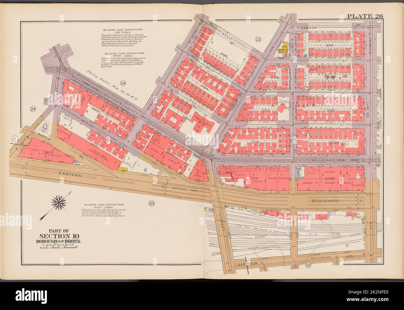 Cartografica, Mappe. 1942. Lionel Pincus e la Principessa Firyal Map Division. Real Property , New York (state) , New York (N.Y.), Bronx (New York, N.Y.) , Mappe Double Page Plate No. 26, parte della Sezione 10, Borough of the Bronx: Bounded by Southern Boulevard, Avenue St. John, Kelly Street, Leggett Avenue, Dawson Street, Longwood Avenue, Garrison Avenue, Leggett Avenue, Eastern Boulevard e E. 149th Street Foto Stock