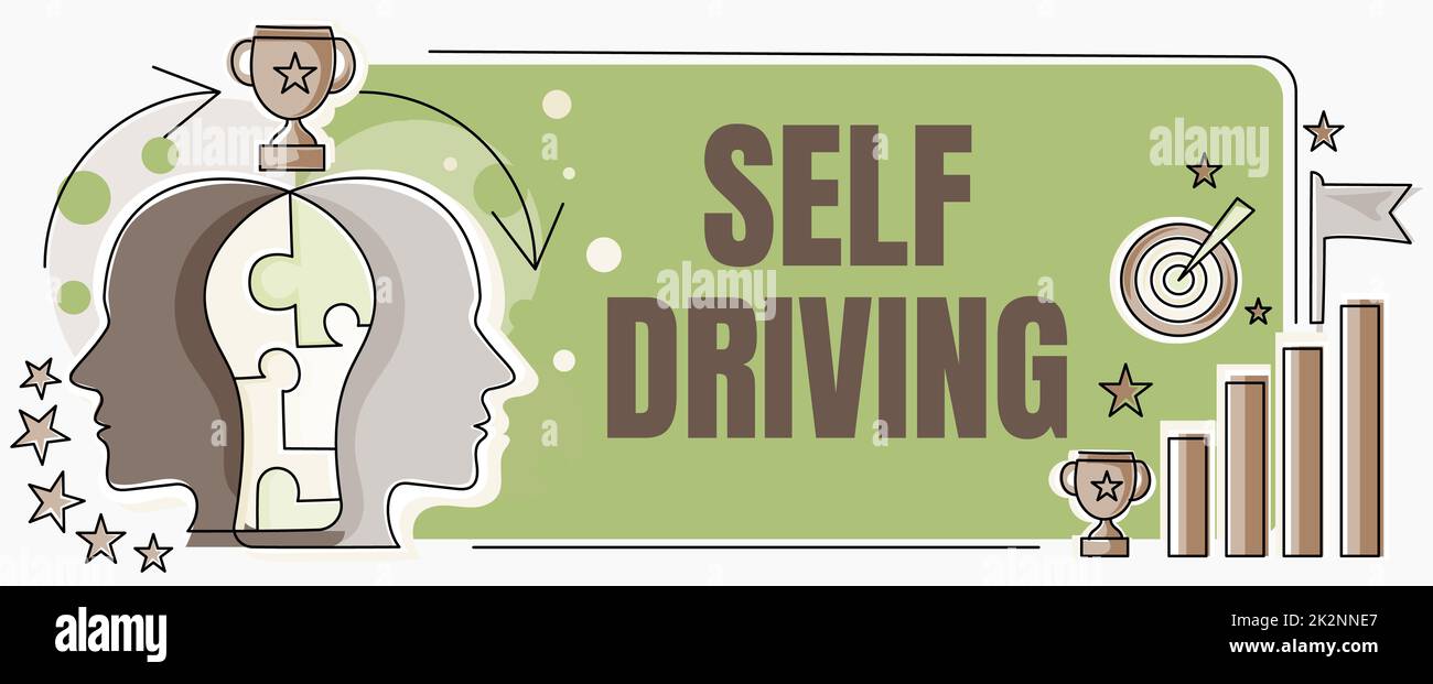 Testo che mostra l'ispirazione Guida automatica. Business Concept Autonomous Vehicle capacità di navigare senza input umano due Heads Connected Puzzle che mostrano la risoluzione dei problemi e la condivisione del successo Foto Stock