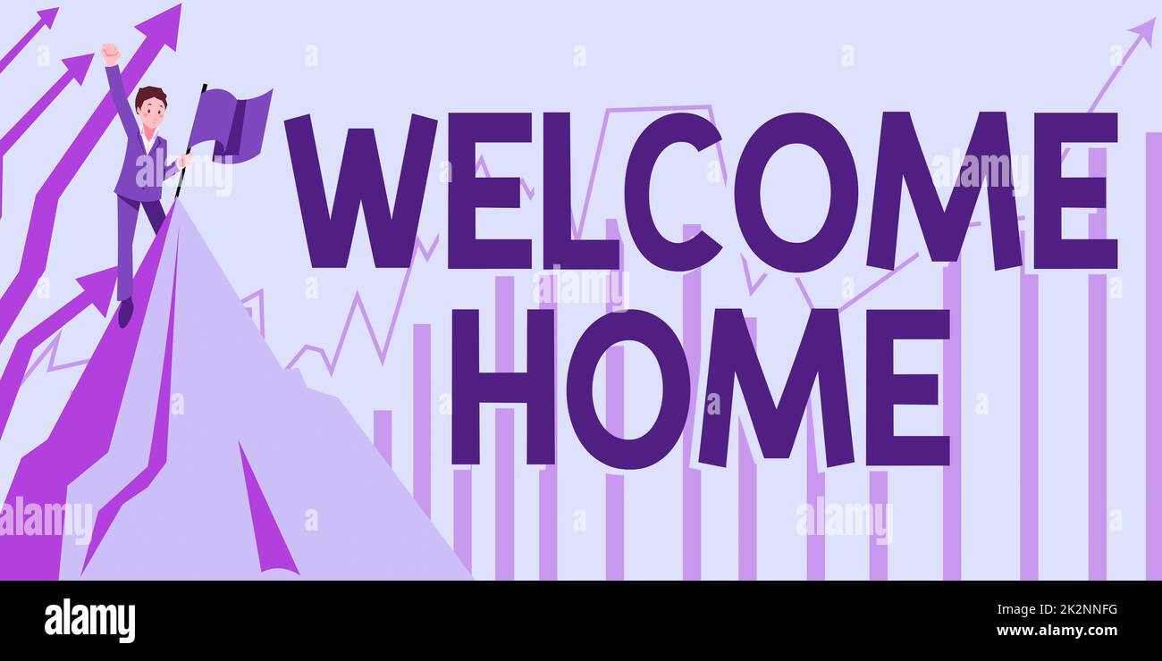 Titolo concettuale Benvenuti Home. Espressione di concetto del Internet saluti nuovi proprietari domestico Doormat voce uomo che alza la mano al cielo in piedi sulla collina superiore mostrando successo. Foto Stock