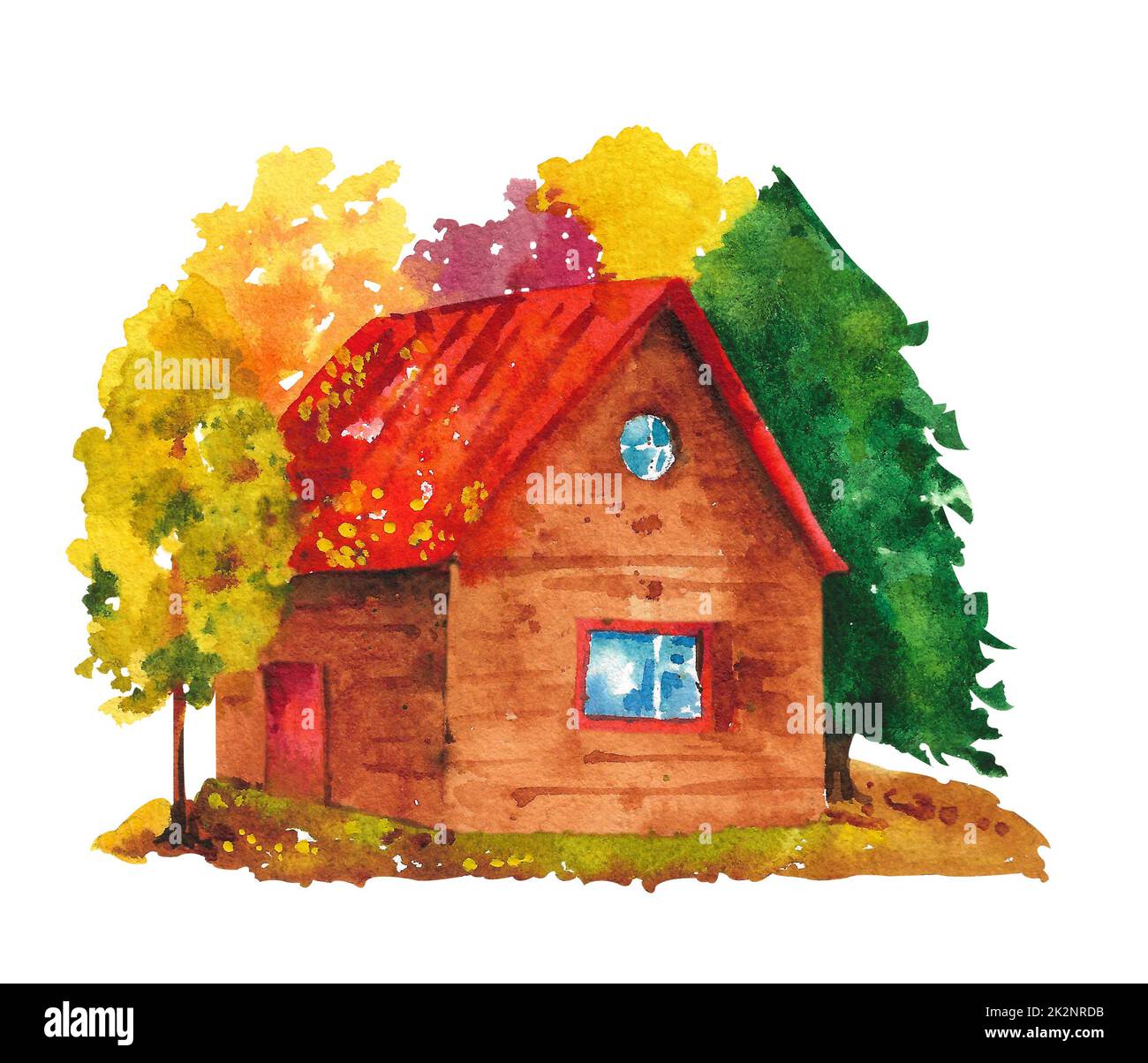 Casa acquerello. Casa di legno nella foresta autunnale al bordo. Foto Stock