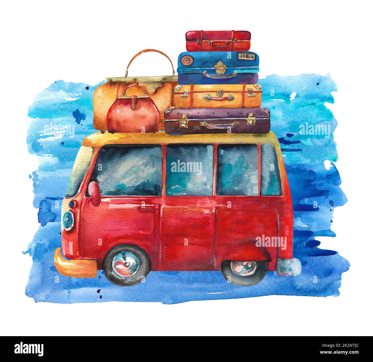 Furgone acquerello. Auto da viaggio di tipo furgone rosso con bagagli sul tetto su sfondo blu. Foto Stock