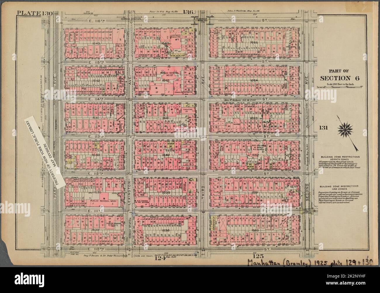 Cartografica, Mappe. 1925. Lionel Pincus e la Principessa Firyal Map Division. Real Property , New York (state) , New York, Manhattan (New York, N.Y.) Piastra 130, parte della sezione 6: Delimitata da E. 116th Street, Second Avenue, E. 110th Street e Park Avenue Foto Stock