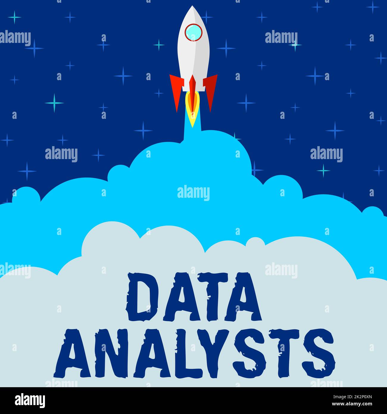 Simbolo di testo che mostra gli analisti dei dati. Approccio aziendale il programmatore progettazione e creazione di report identifica i modelli di lancio di Rocket Ship veloce dritto fino allo spazio esterno. Foto Stock
