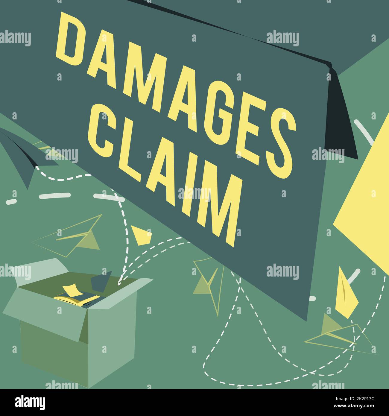 Testo che mostra la richiesta di risarcimento danni da inspirazione. Vetrina di affari compensazione della domanda litigate assicurazione file completo Open Box con Flying aerei di carta che presentano nuove idee gratuite Foto Stock