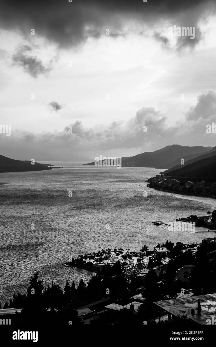 La scala di grigi verticale delle coste del mare con alberi ed edifici sotto il cielo nuvoloso Foto Stock