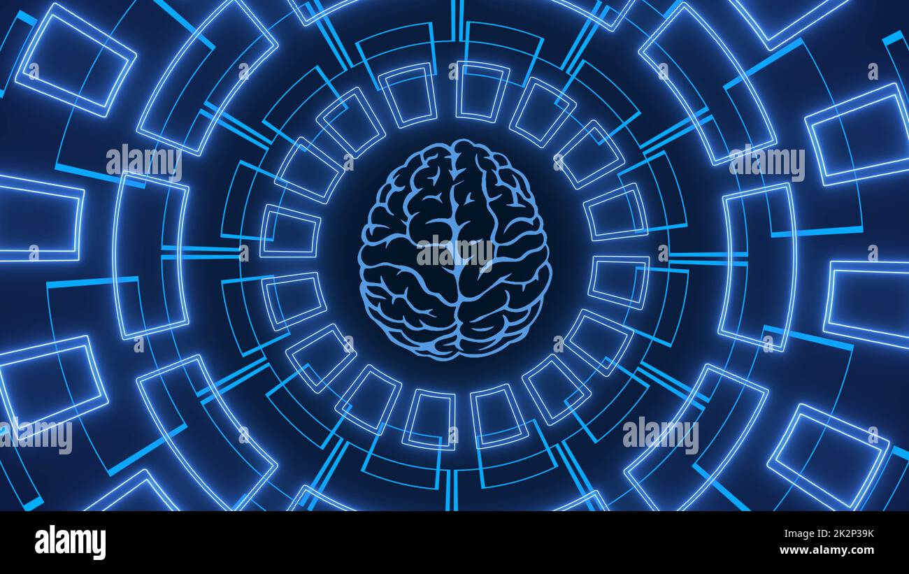 Tecnologia sfondo - cervello circondato da elementi grafici in blu Foto Stock
