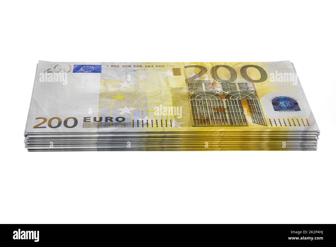 Pile di moneta euro, pile di moneta europea euro, pile di banconote da 200 euro. Denaro dell'UE Foto Stock