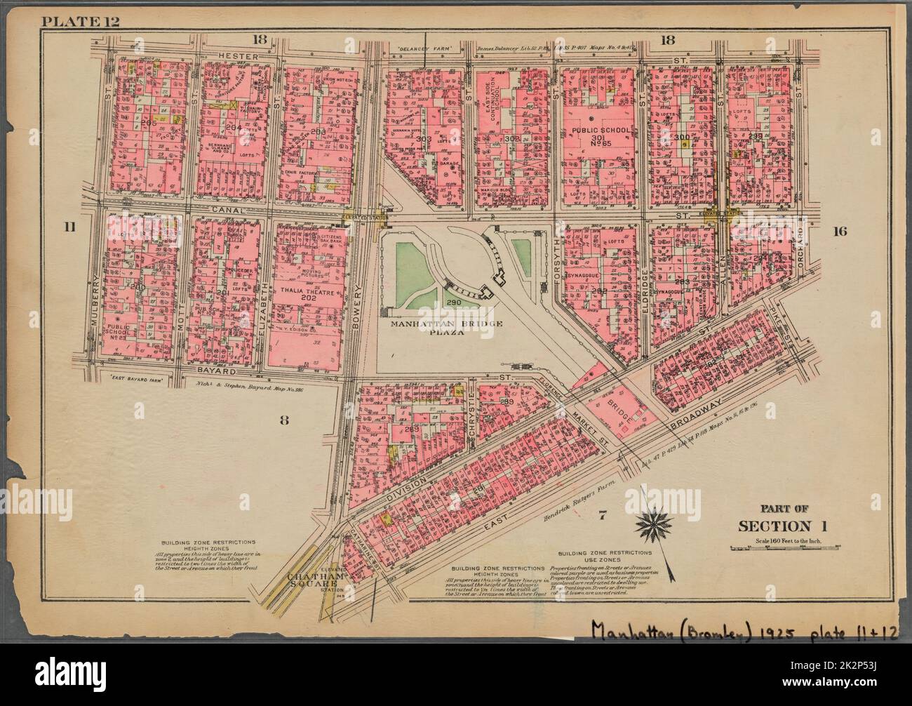 Cartografica, Mappe. 1925. Lionel Pincus e la Principessa Firyal Map Division. Real Property , New York (state) , New York, Manhattan (New York, N.Y.) Piastra 12, parte della sezione 1: Delimitata da Hester Street, Orchard Street, Division Street, Pike Street, East Broadway, Chatham Square, Bowery, Bayard Street e Mulberry Street Foto Stock