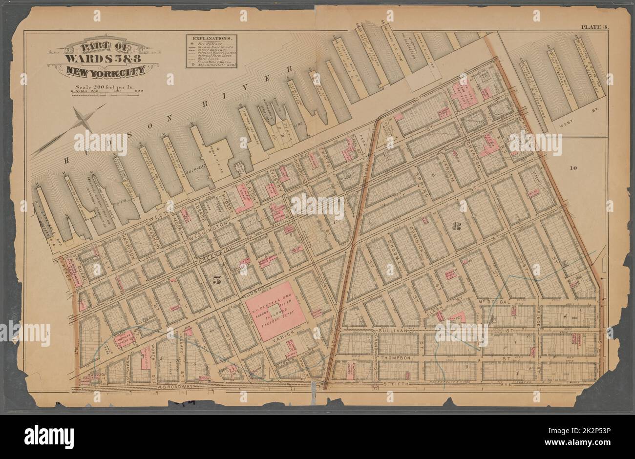 Cartografica, Mappe. 1879. Lionel Pincus e la Principessa Firyal Map Division. Real Property , New York (state) , New York Plate 3:: Bounded by (Hudson River) West Street, Houston Street, West Broadway e Reade Street. Parte dei Wards 5 e 8. New York City. Foto Stock