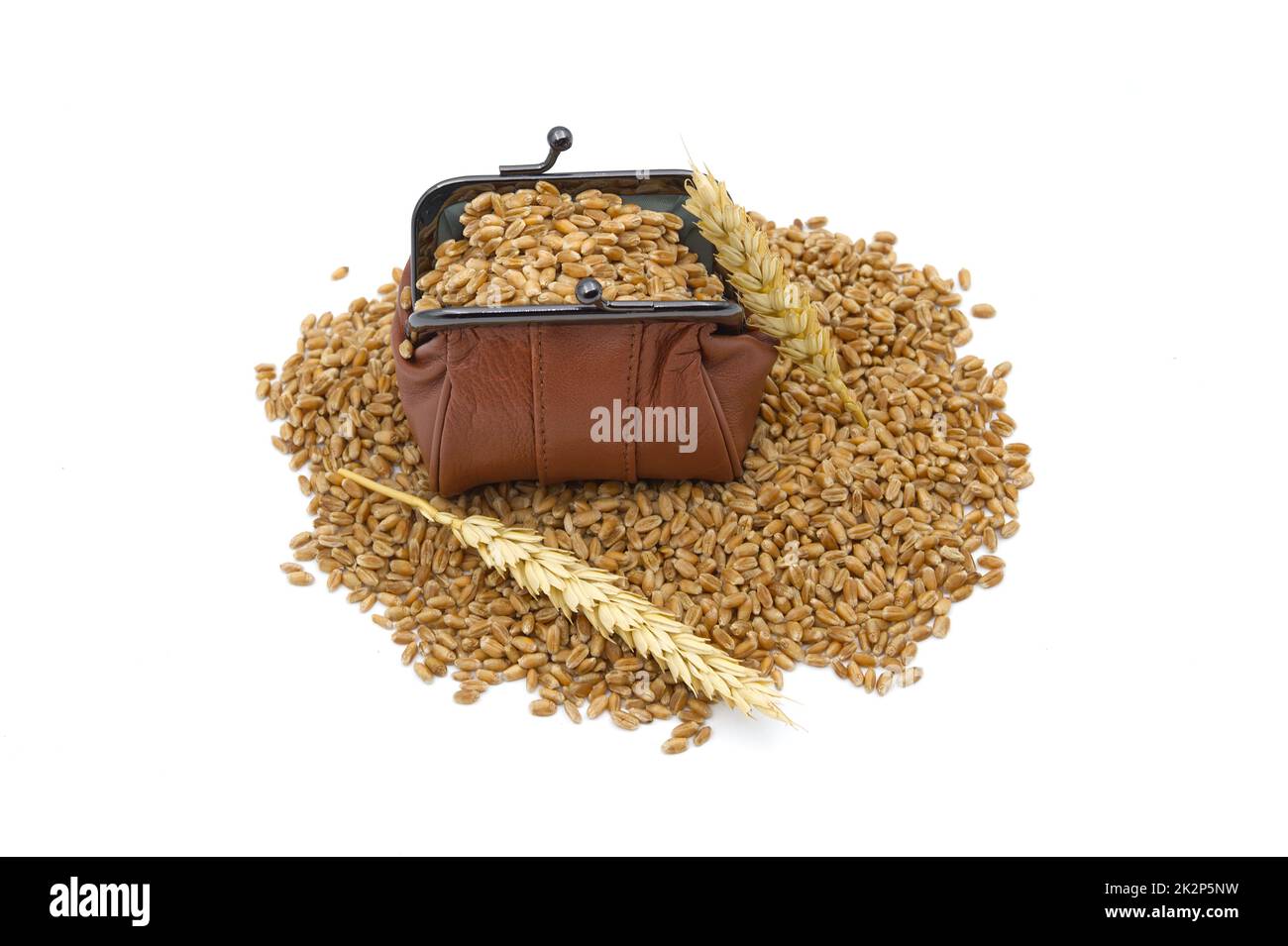 Semi di grano e borsetta marrone in pelle d'epoca Foto Stock