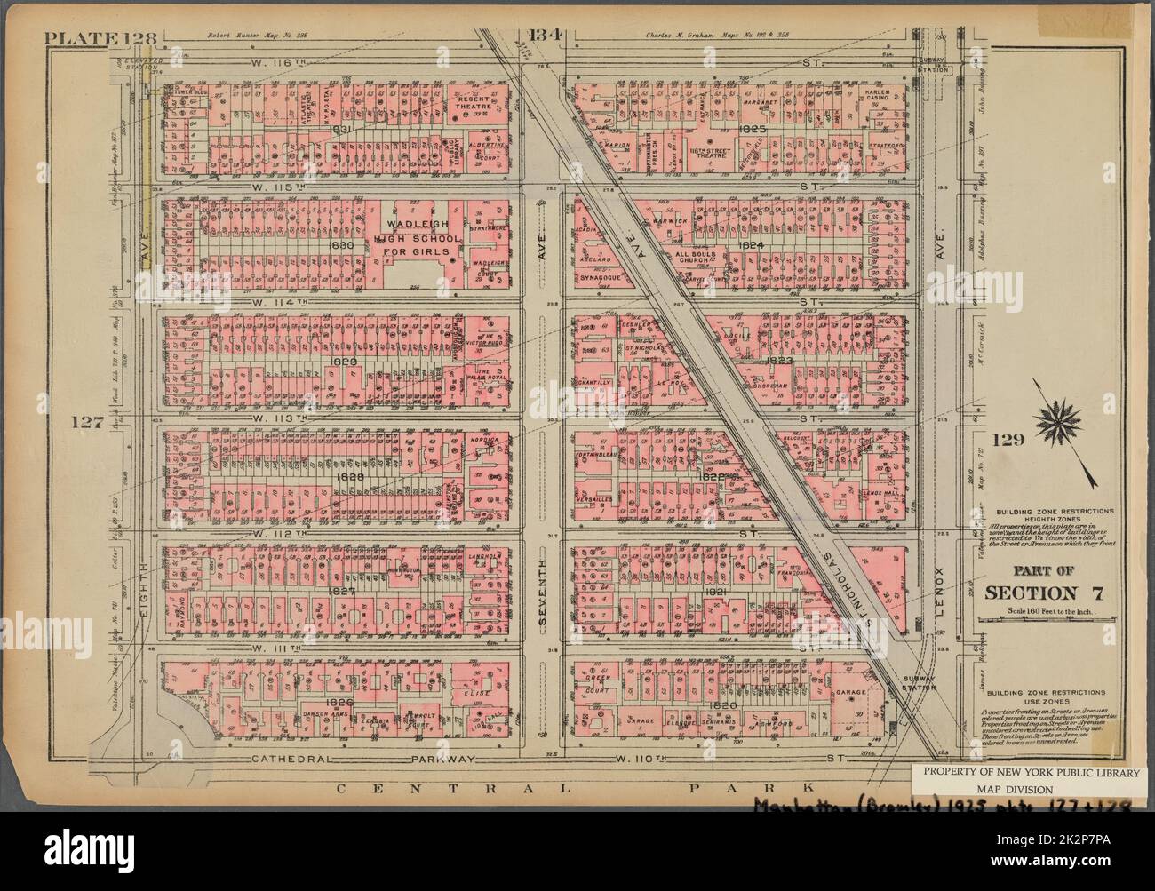 Cartografica, Mappe. 1925. Lionel Pincus e la Principessa Firyal Map Division. Real Property , New York (state) , New York, Manhattan (New York, N.Y.) Piastra 128, parte della sezione 7: Delimitata da W. 116th Street, Lenox Avenue, W. 110th Street, Cathedral Parkway e Eighth Avenue Foto Stock