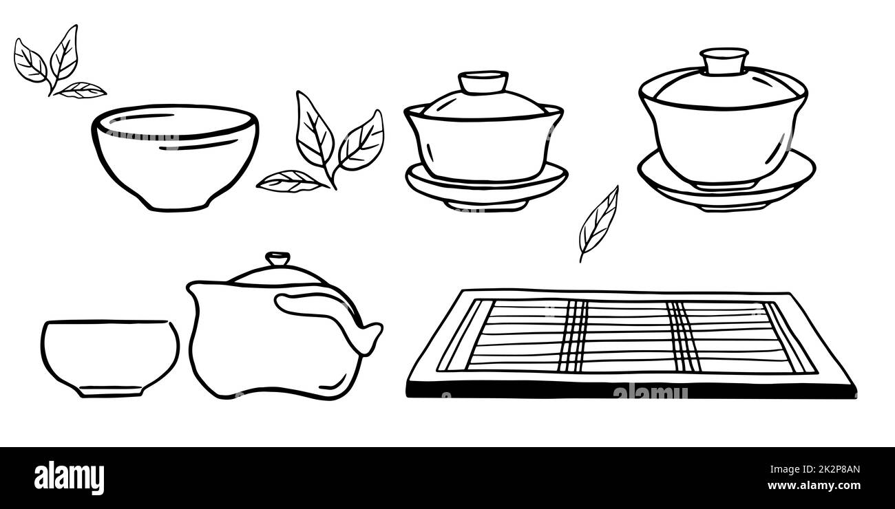 Set di tè in porcellana. Illustrazioni di doodle della cerimonia cinese del tè Foto Stock