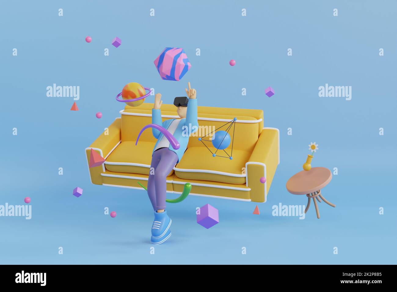 3D uomo che indossa la tecnologia e tocca la realtà virtuale in casa, metaverse, into the Future, game, VR. Concetto metaverse. rendering 3d Foto Stock