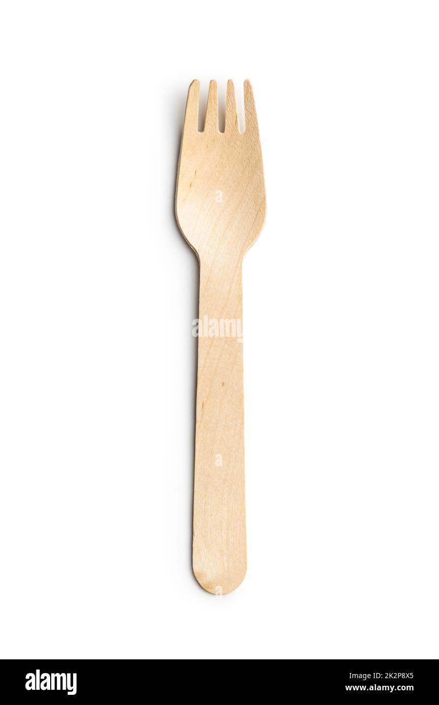 Forcella monouso in legno isolata su sfondo bianco. Forcella in legno biodegradabile realizzata in materiale naturale eco-riciclabile riutilizzabile. Foto Stock