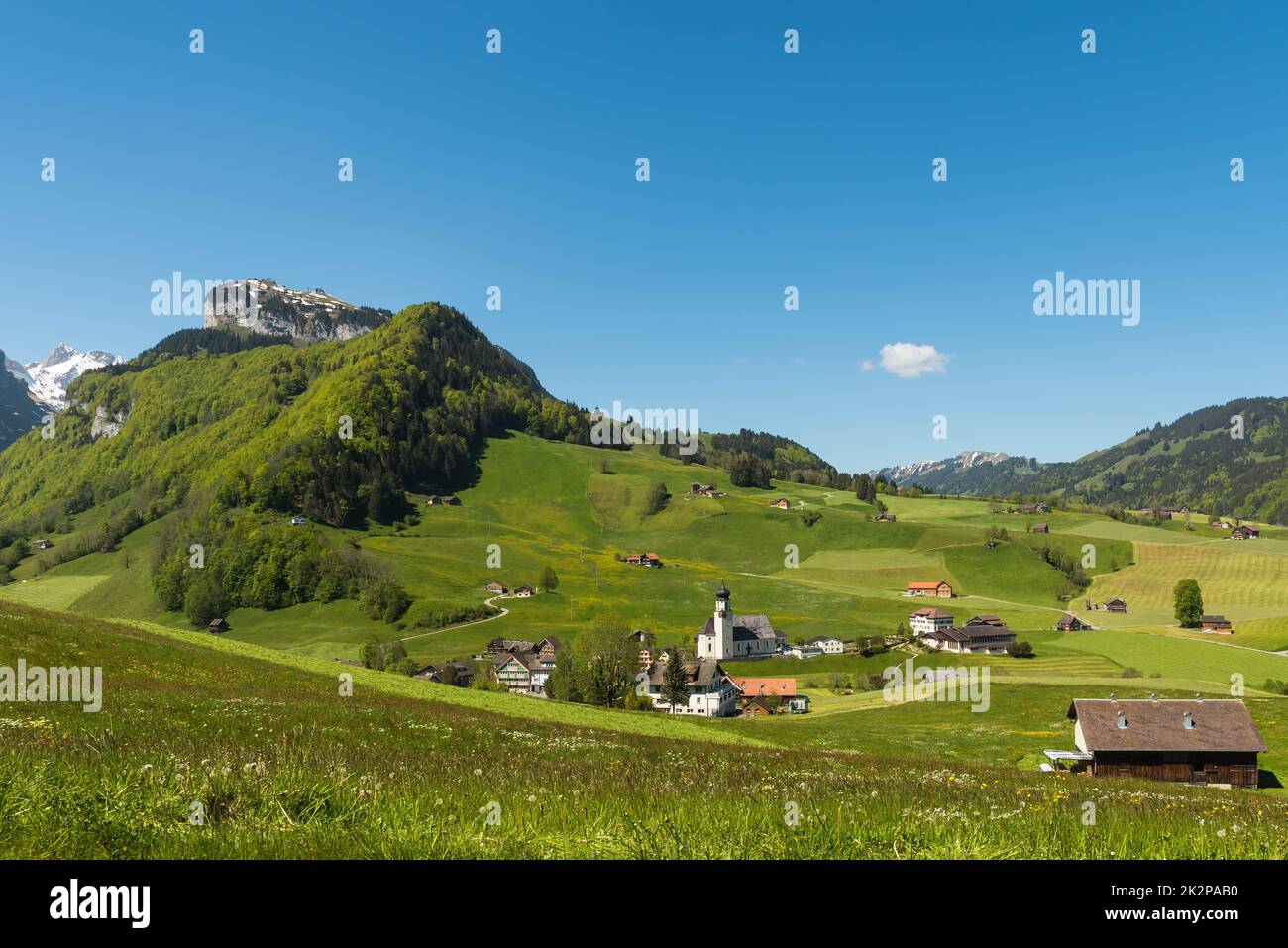 Villaggio di montagna in Appenzellerland, Schwende, Canton Appenzell Innerrhoden, Svizzera Foto Stock