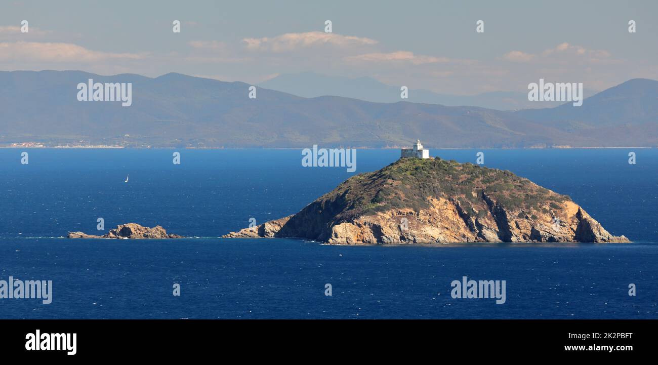 Isola Palmaiola nel Mediterraneo tra Piombino e Elba con faro Foto Stock