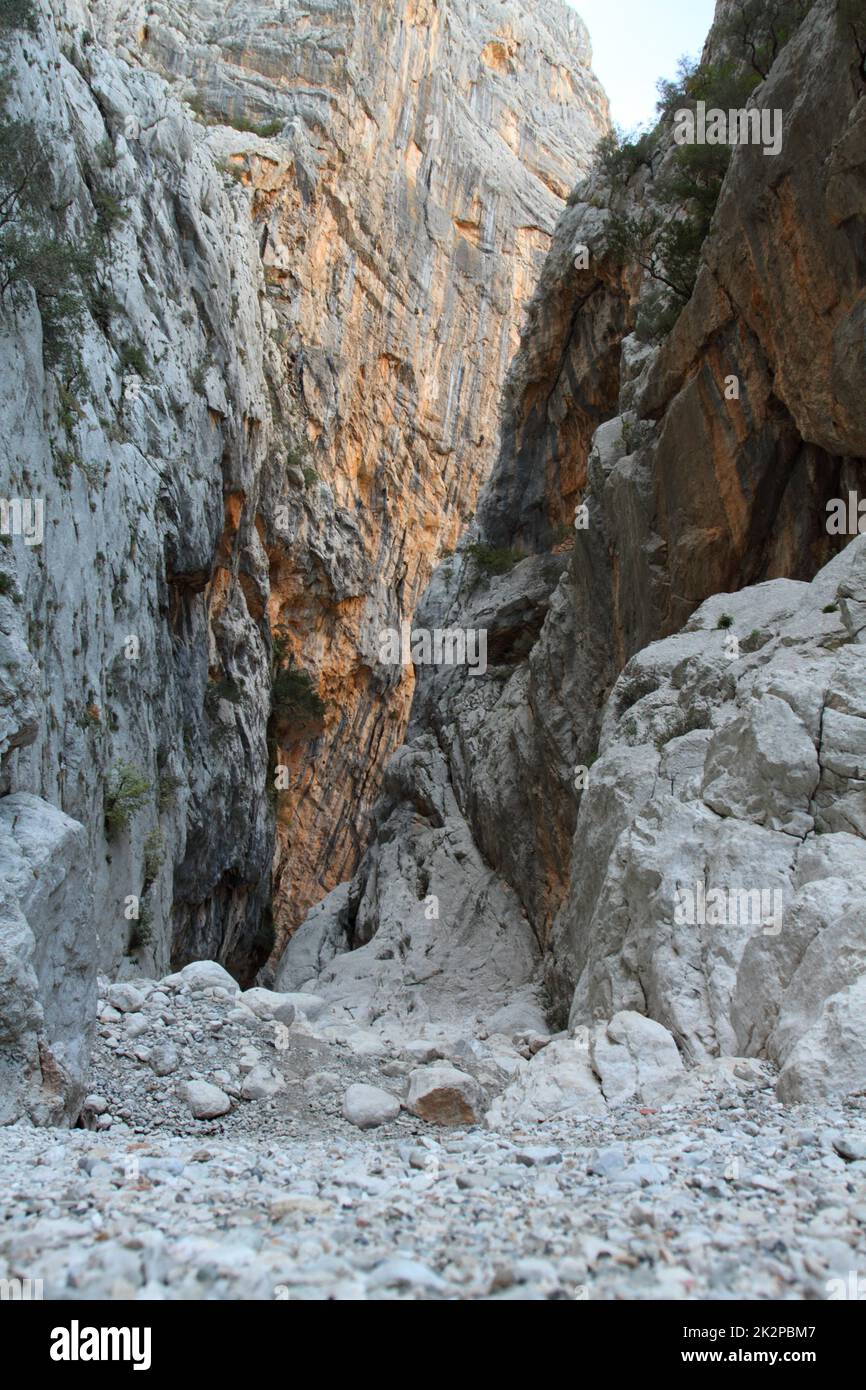 Gola di Gola su Gorropu con pareti di roccia calcarea, Monti Supramonte, Nuoro, Sardegna, Italia Foto Stock