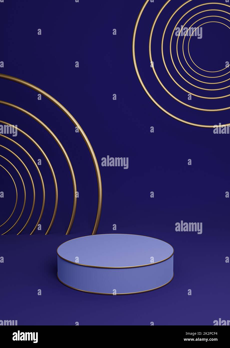 Blu scuro 3D rendering minimale display prodotto lusso cilindro podio o prodotto sfondo composizione astratta con linee e cerchi dorati Foto Stock