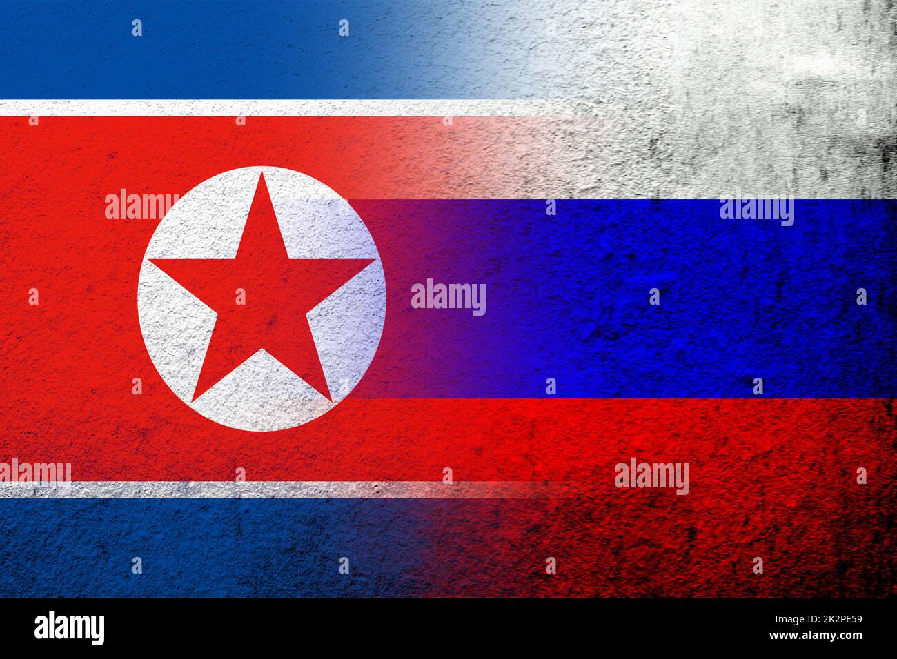 Bandiera nazionale della Federazione Russa con bandiera nazionale della Repubblica popolare Democratica di Corea Corea del Nord. Grunge sfondo Foto Stock