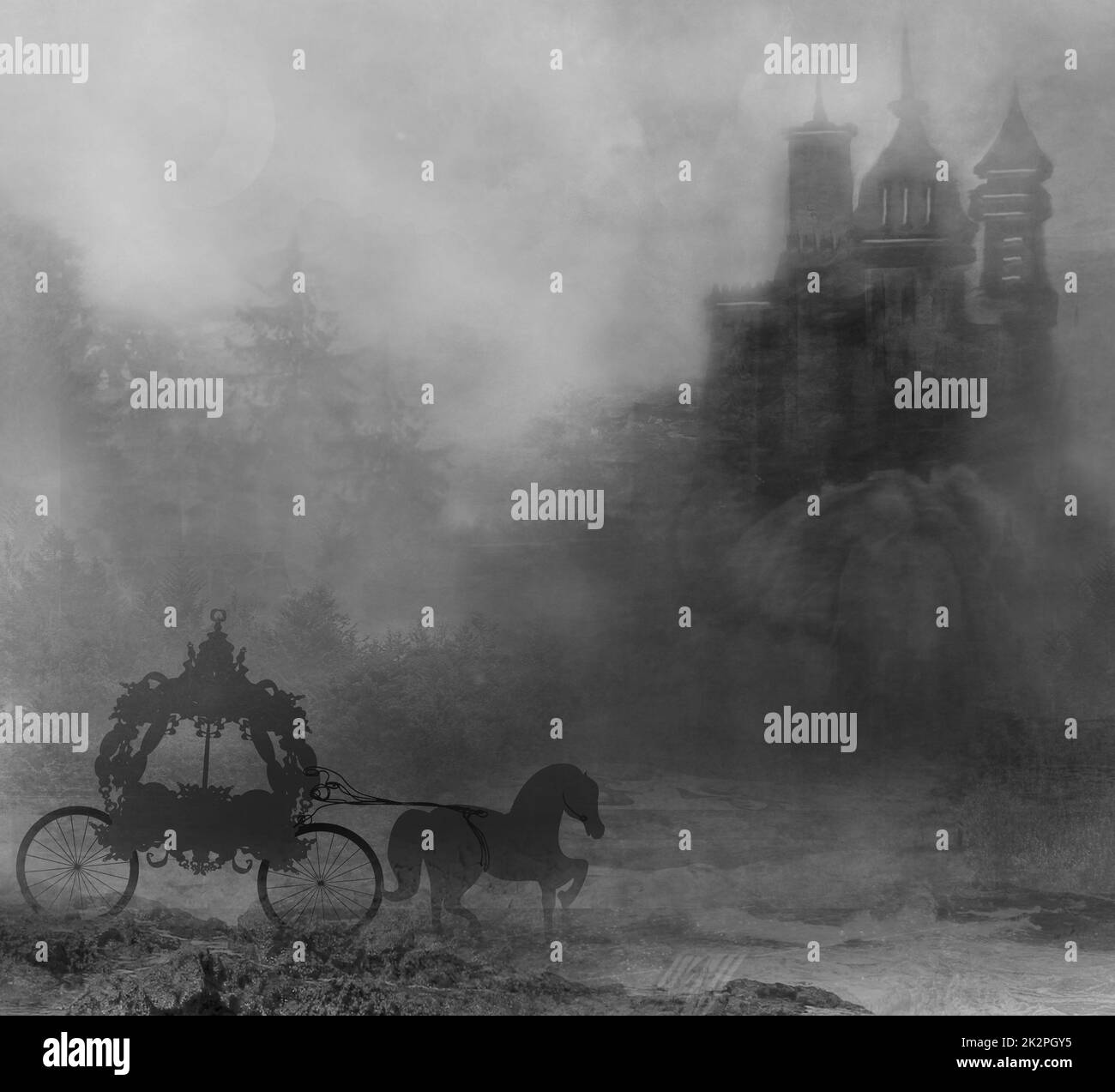 Carrello ed un castello medievale Foto Stock