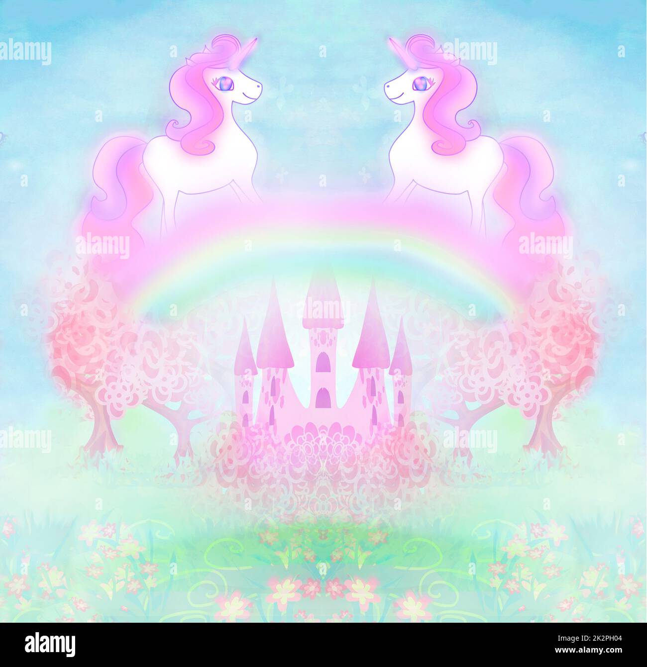 Carta con un simpatico unicorns arcobaleno e fiabesco Castello principessa Foto Stock