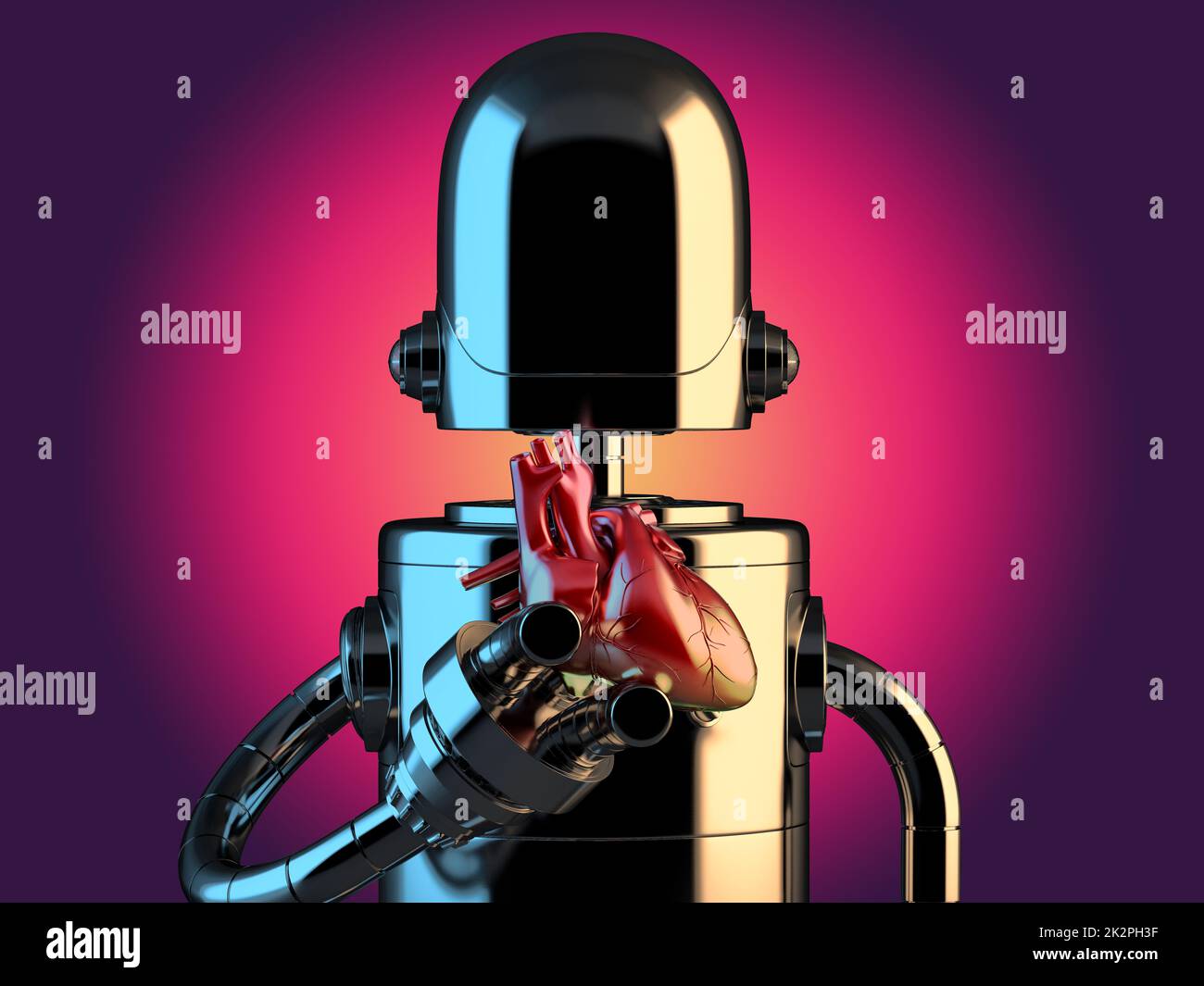 Robot con cuore umano nelle mani. Concetto di tecnologia. Illustrazione 3D Foto Stock