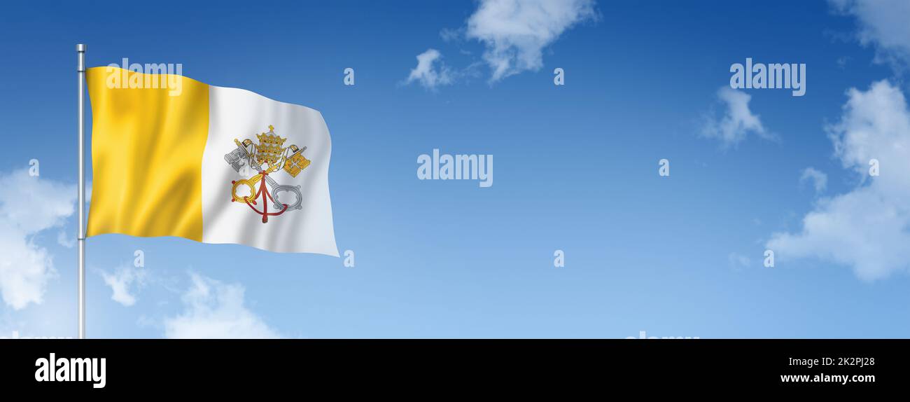 Bandiera della Città del Vaticano isolata su un cielo blu. Banner orizzontale Foto Stock