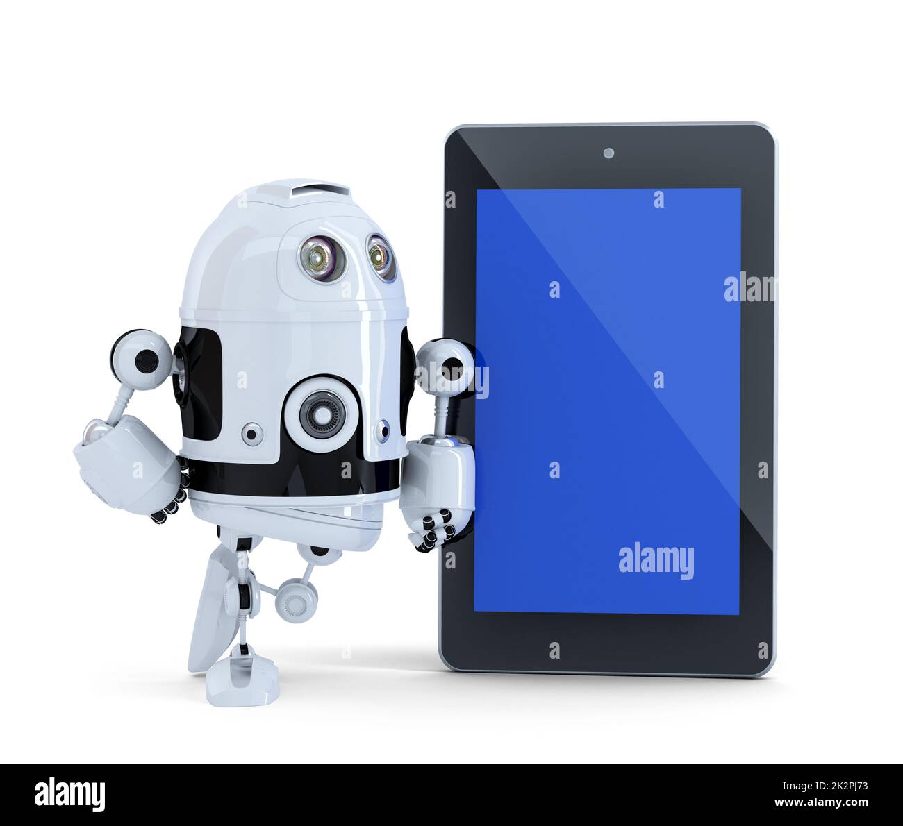 Robot con PC tablet. Isolato. Contiene il tracciato di ritaglio dello schermo del tablet e dell'intera scena. Foto Stock