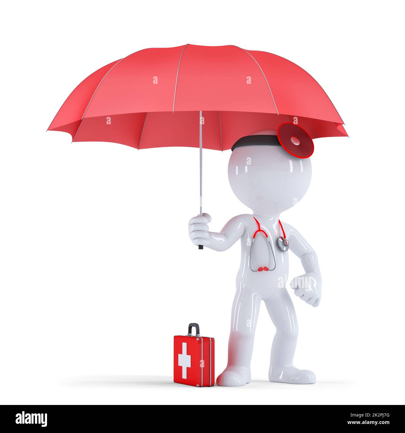 Medico con ombrello. Concetto di protezione della salute. Isolato. Contiene il tracciato di ritaglio Foto Stock