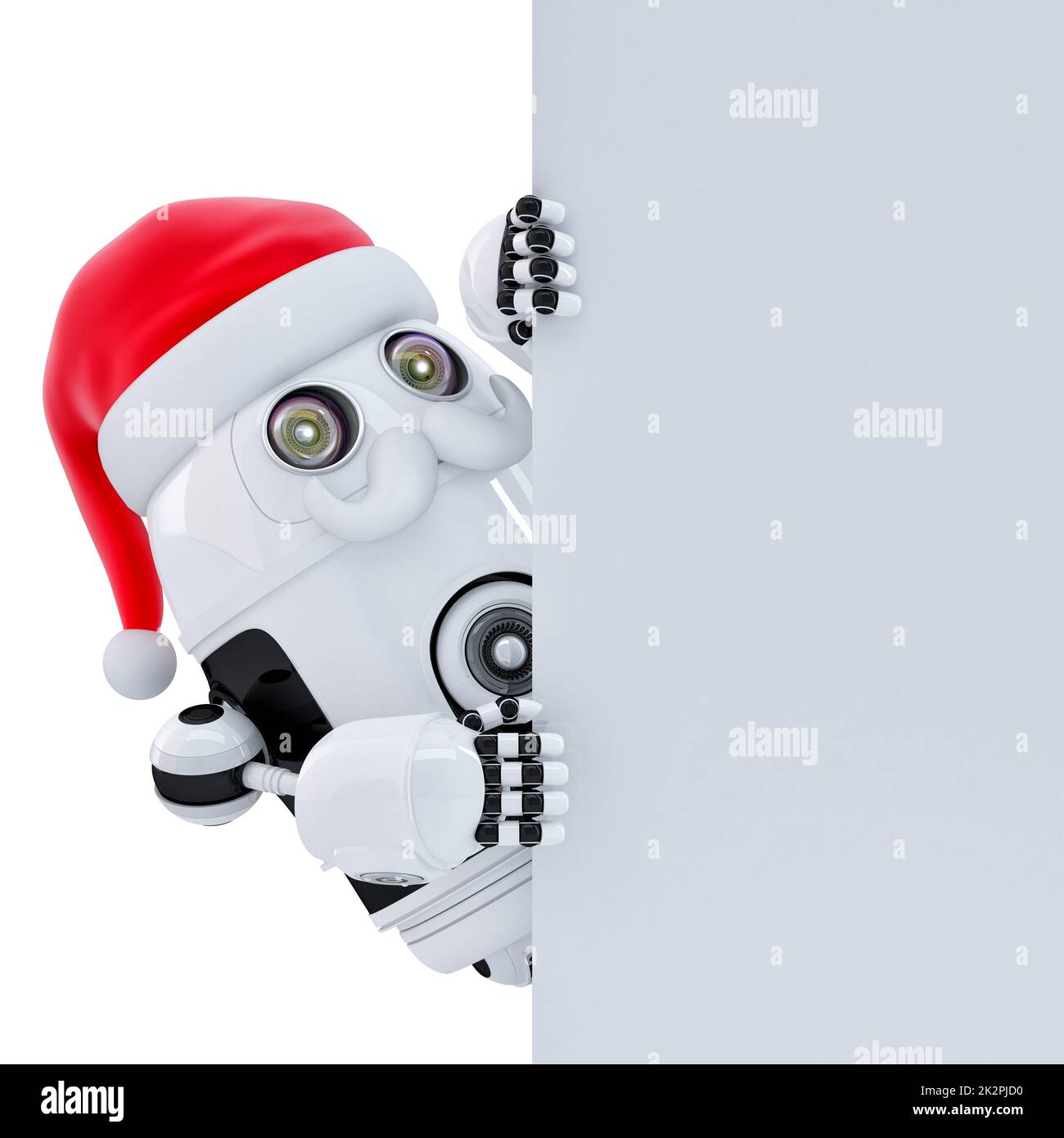 Robot Babbo Natale che indica il banner bianco. Isolato. Contiene il tracciato di ritaglio Foto Stock