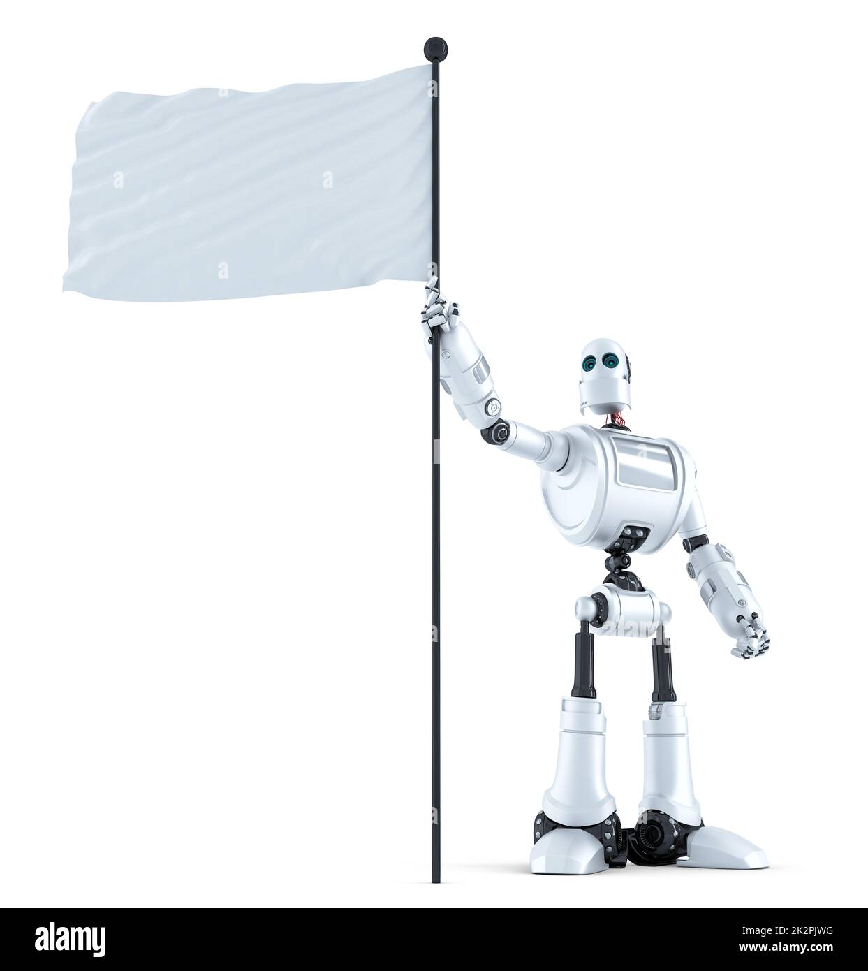 Robot con flag bianco ondulato. Isolato. Contiene il tracciato di ritaglio Foto Stock