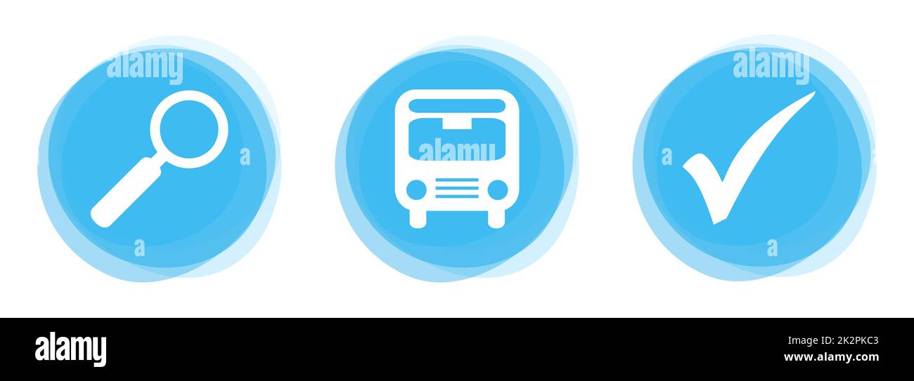 Icone bianche sui pulsanti blu chiaro: Cerca e trova autobus o trasporti pubblici Foto Stock