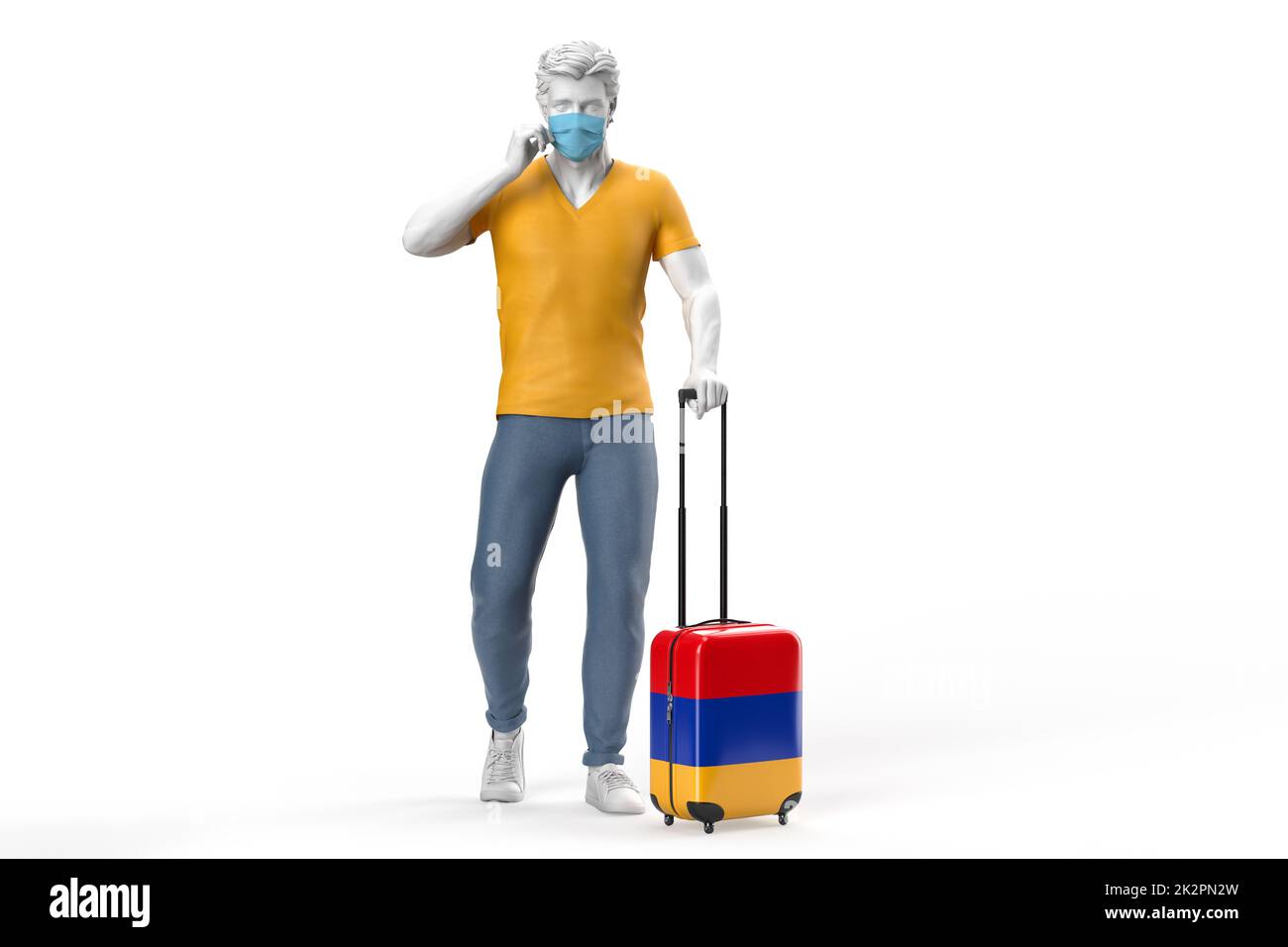 Uomo che indossa maschera viso tira una valigia testurizzata con bandiera di Armenia. Rendering 3D Foto Stock
