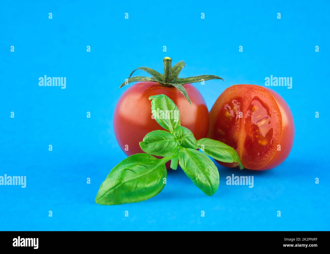 Foglie fresche di basilico verde e pomodori ciliegini Foto Stock