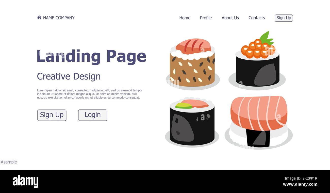 Design concetto di sushi e rotoli negozio ristorante pagina di destinazione - Vector Foto Stock