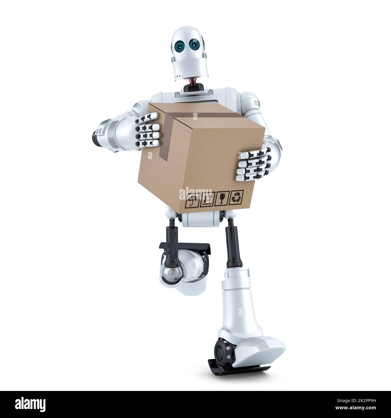 Il robot funziona con un enorme contenitore pacchi. Isolato. Contiene il tracciato di ritaglio Foto Stock