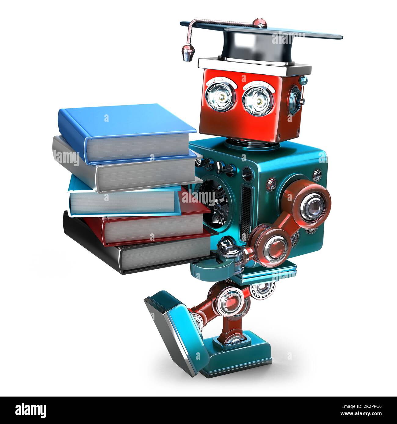 Robot vintage con pila di libri. Isolato. Contiene il tracciato di ritaglio Foto Stock