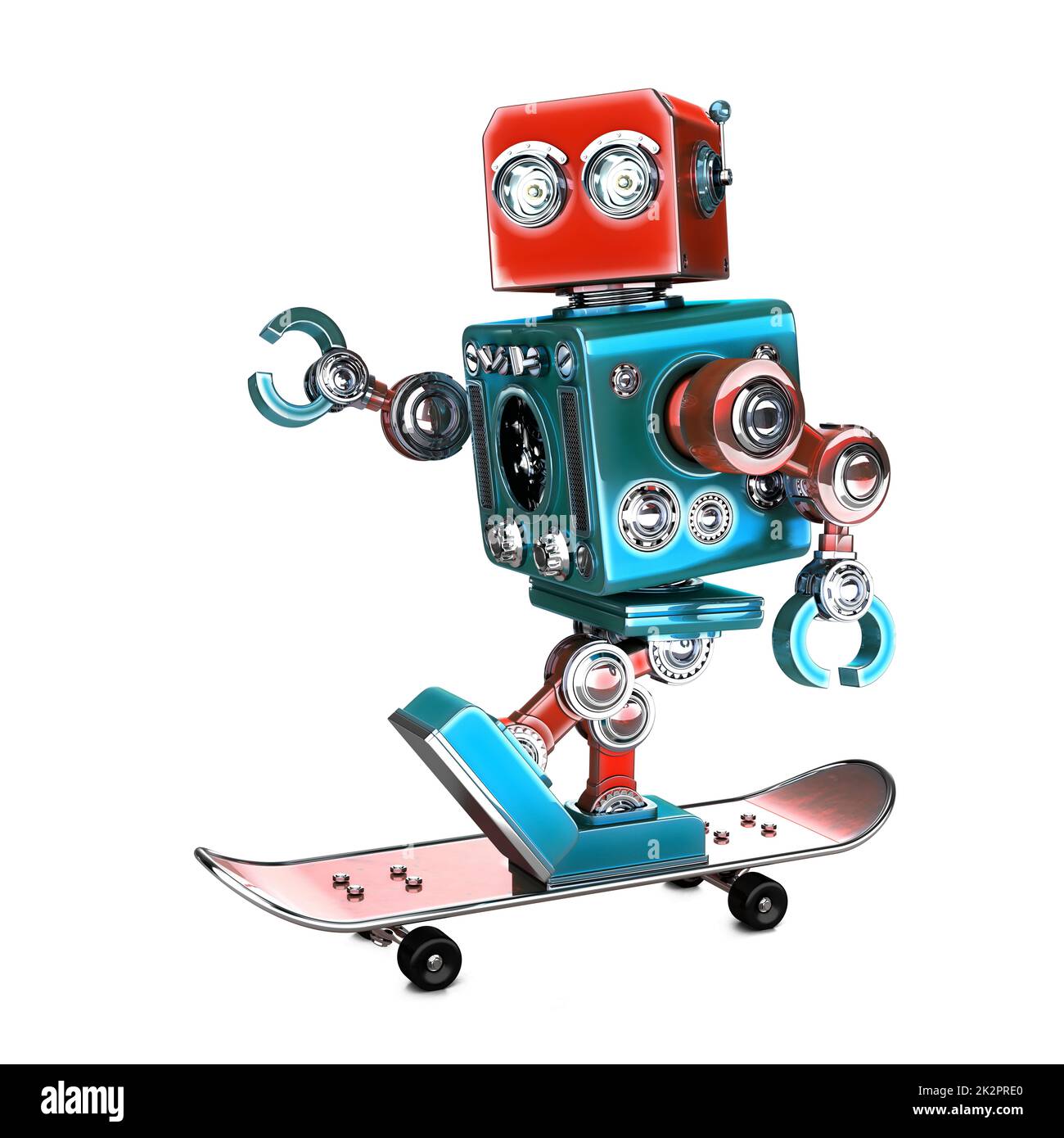 Cute 3D retro Robot in sella a uno skateboard. Illustrazione 3D. Isolato. Contiene il tracciato di ritaglio Foto Stock