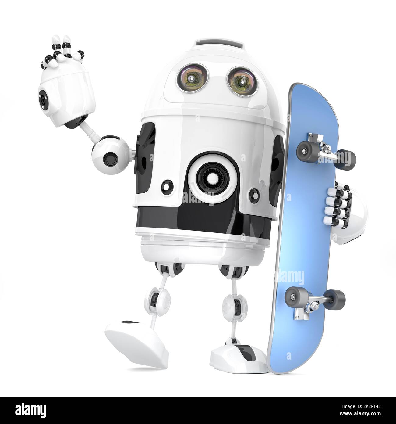 Skateboarder robot. Illustrazione 3D. Isolato. Contiene il tracciato di ritaglio Foto Stock