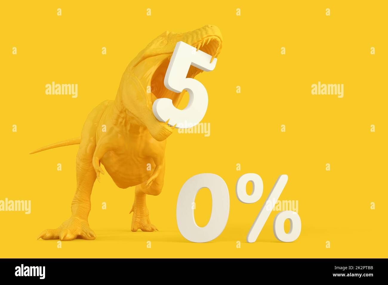 Concetto di vendita. T-Rex con 50 segno di sconto precent. Illustrazione 3D. Contiene il tracciato di ritaglio Foto Stock