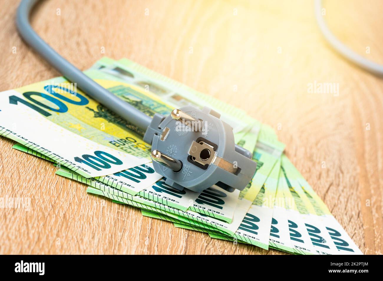 Spina elettrica grigia sulle banconote in euro Foto Stock