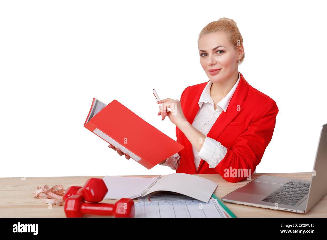 Fitness trainer rendendo il piano di formazione Foto Stock