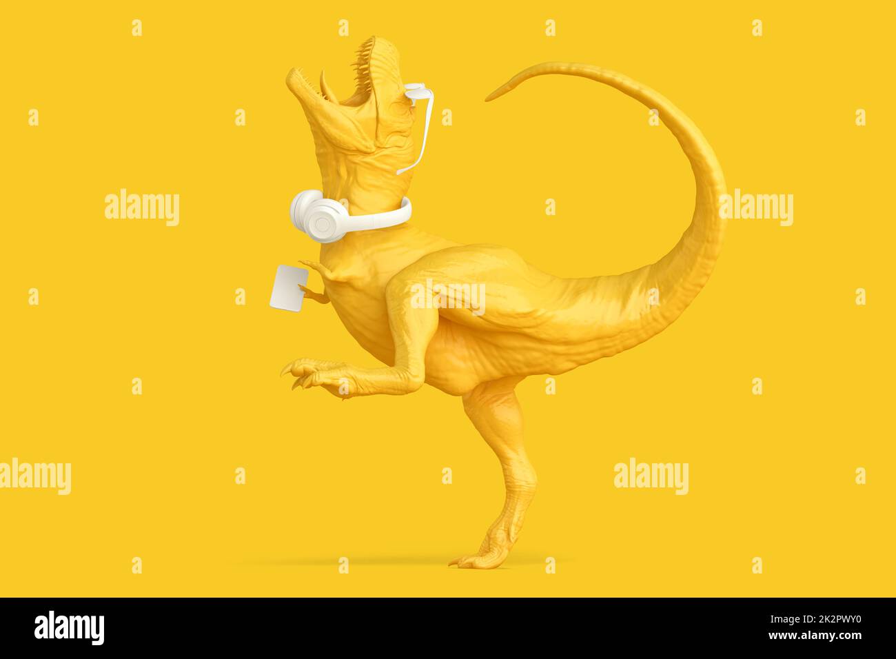 Happy T-Rex con telefono, cuffie e occhiali. Illustrazione 3D Foto Stock